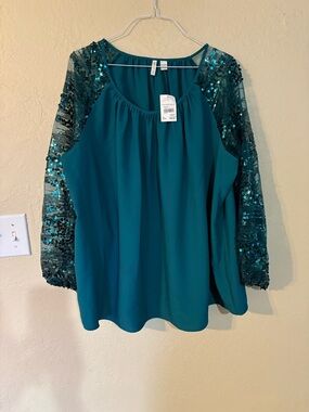 Cato Teal Long-Sleeve Sequin Accent Blouse